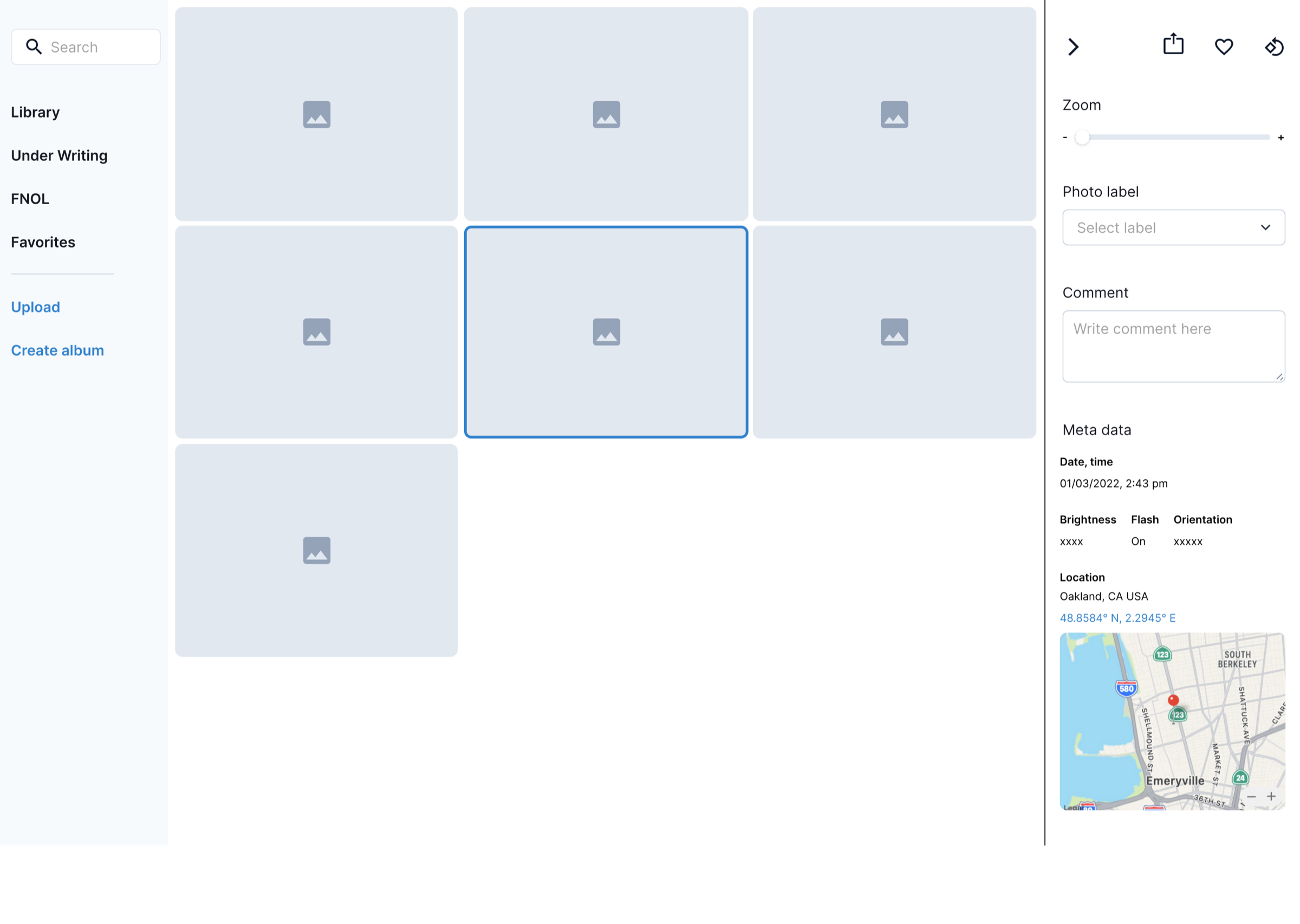 A wireframe sketch with no header — the zoom control sits in the photo drawer and search lives in the sidebar.